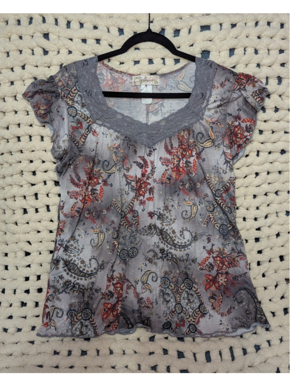 Younique Gray Paisley Floral Lace Neck Flutter Sleeve Blouse Top Women's 1X